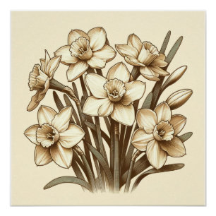 Poster Bouquet de jonquilles vintage, Art de la ligne bot