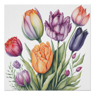 Poster Bouquet de tulipes aquarelles vives