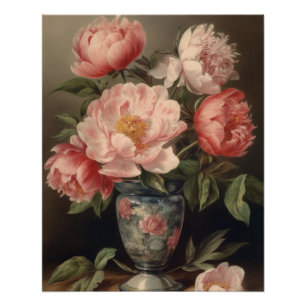 Poster Bouquet floral Vase Fleurs de pivoine rose Vintage