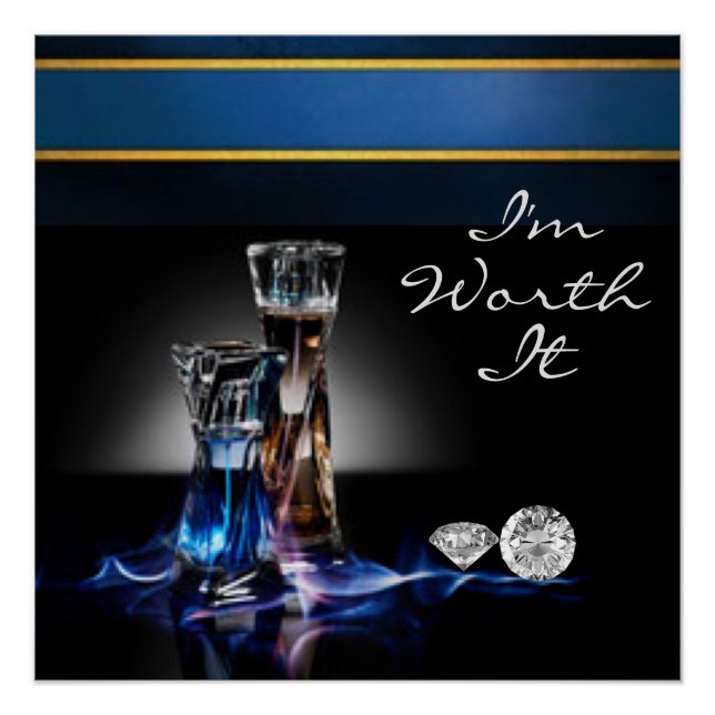 Poster Bouteilles de parfum et diamants Je suis digne (Devant)