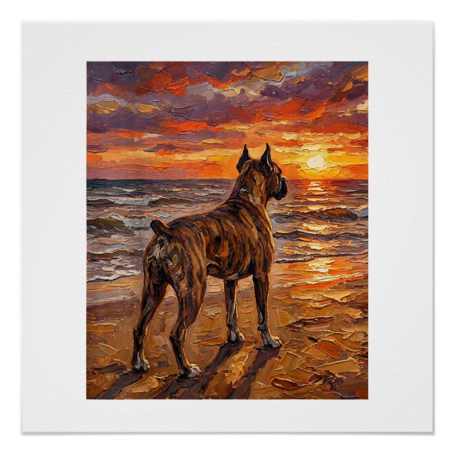 Poster Boxer bringé à Sunset Beach Cadeau d'art de chien  (Devant)