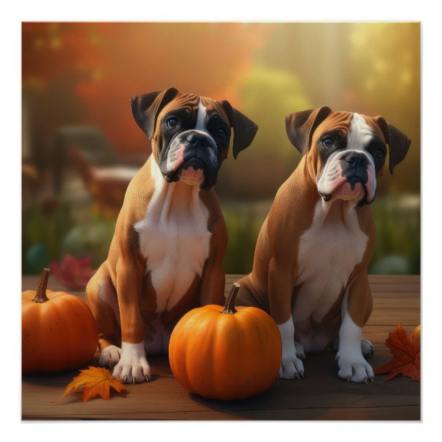 Poster Boxer Chiot Automne Citrouille de plaisir (Devant)