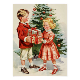 Poster Boy and girl giving each other Christmas presents