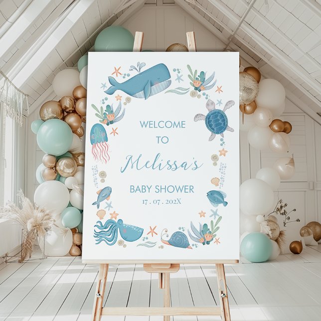 Poster Boys Blue Ocean Under the Sea Baby shower Bienvenu (Boys Blue Under The Sea baby Shower Welcome Sign Template, Editable Ocean Themed Baby Shower Welcome)