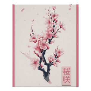 Poster branch of Japanese cherry tree with sakura flowers