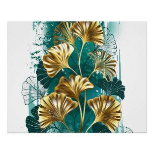 Poster Branche avec Feuilles d'or Ginko Biloba