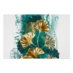 Poster Branche avec feuilles dorées Ginko Biloba