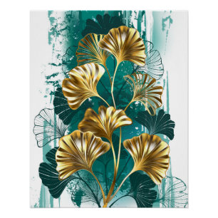 Poster Branche avec feuilles dorées Ginko Biloba