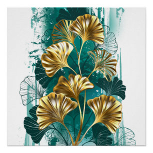 Poster Branche avec feuilles dorées Ginko Biloba