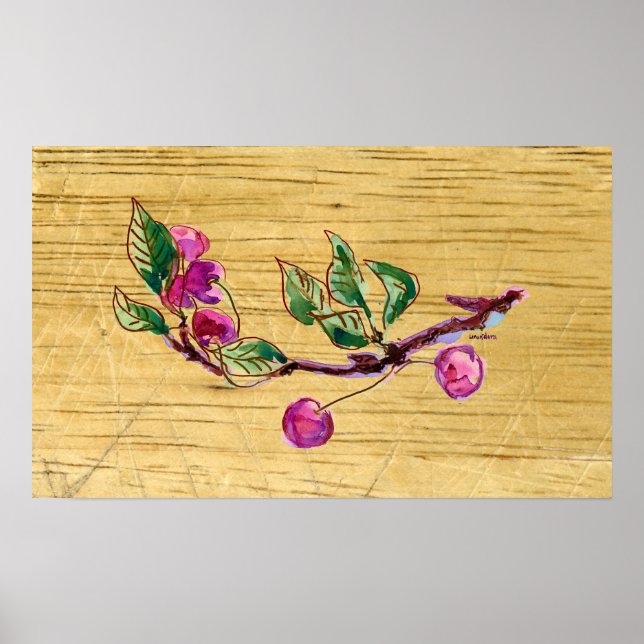 Poster Branche cerise sur bois (Devant)