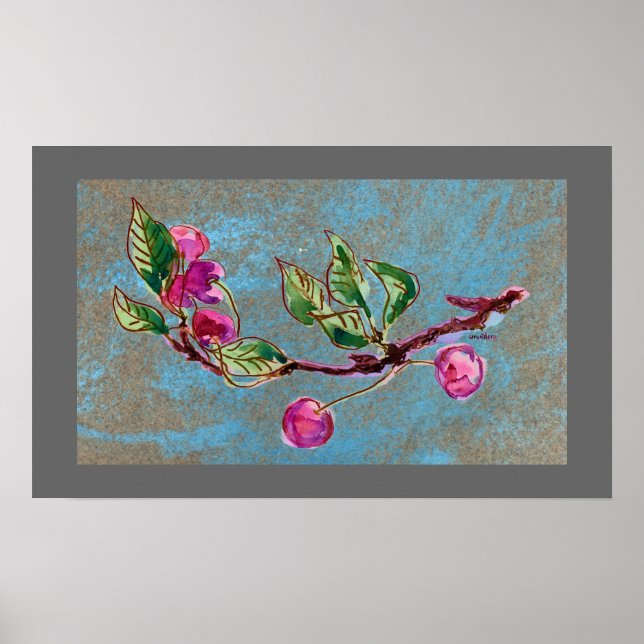 Poster Branche cerise sur gris (Devant)