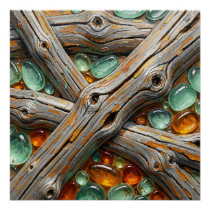 Poster Branches de bois texturées pierres teintes ambre s