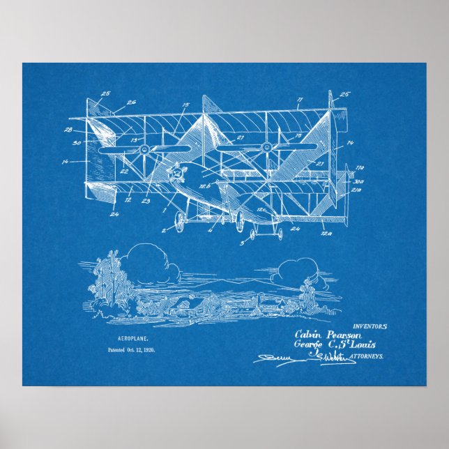 Poster Brevet d'avion Biplane 1920 Imprimer (Devant)