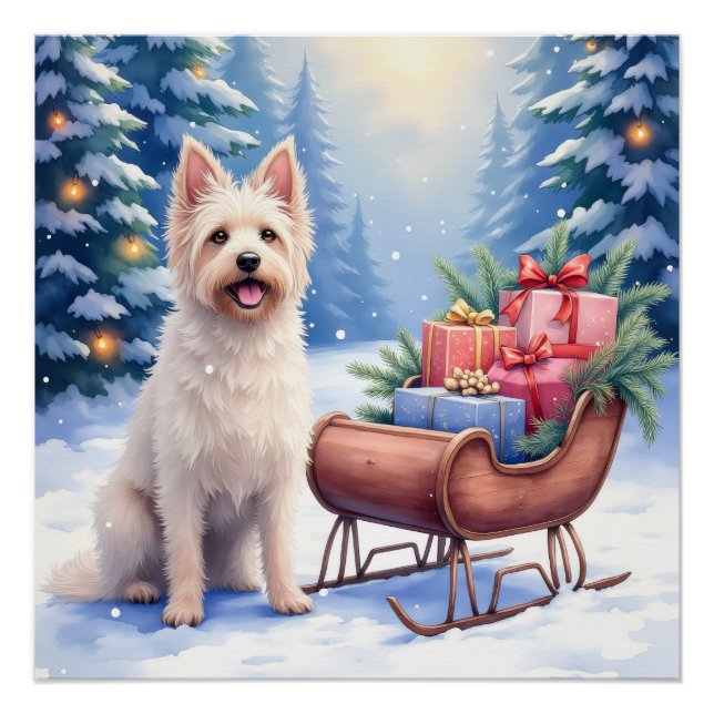 Poster Briard Vintage Sleigh Winter Christmas Art (Devant)