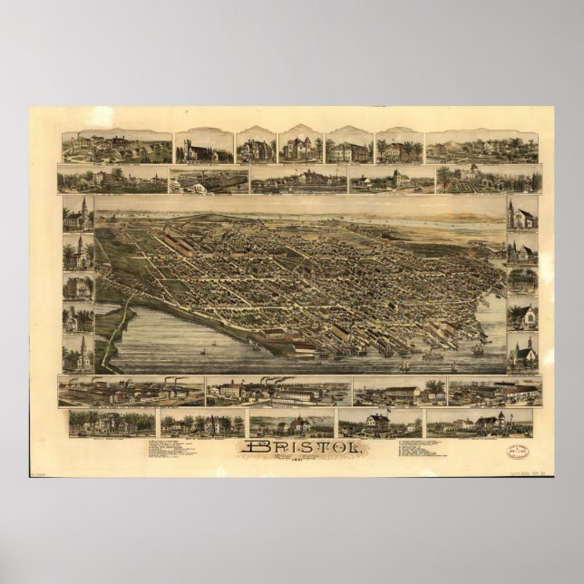 Poster Bristol Rhode Island 1891 Carte panoramique antiqu (Devant)