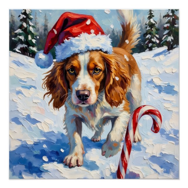 Poster Brittany Spaniel Dog Pointing at Christmas Candy (Devant)