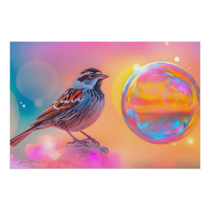 Poster Bruant coloré et bulle arc-en-ciel