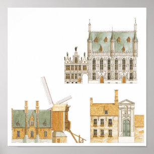 Poster Bruges Belgique. Hôtel de ville et traditionnel
