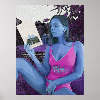 Poster Brune bleue lisant un bon livre