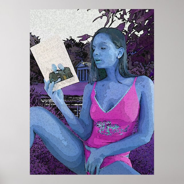 Poster Brune bleue lisant un bon livre (Devant)