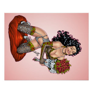 Poster Brunette en lingerie avec illustration Rose