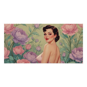 Poster Brunette Pin-Up Fleurs Pastel