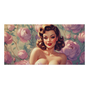 Poster Brunette Pin-Up Fleurs Pastel