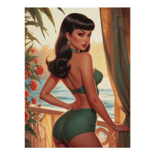 Poster Brunette Pin Up Green Bikini Seaview Balcon