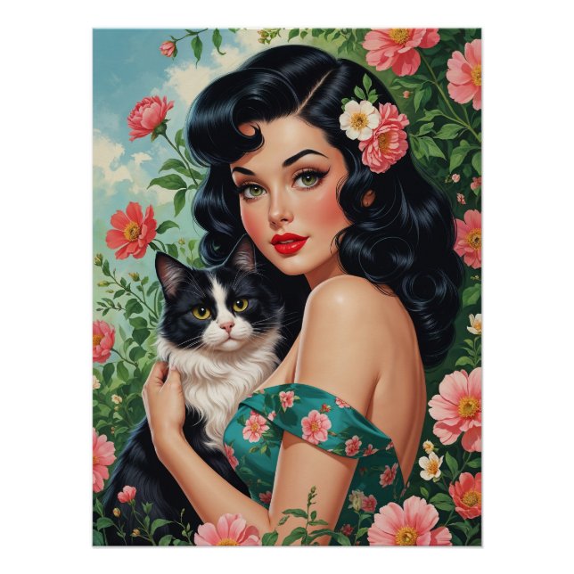 Poster Brunette Pin Up tenant Cute Cat (Devant)