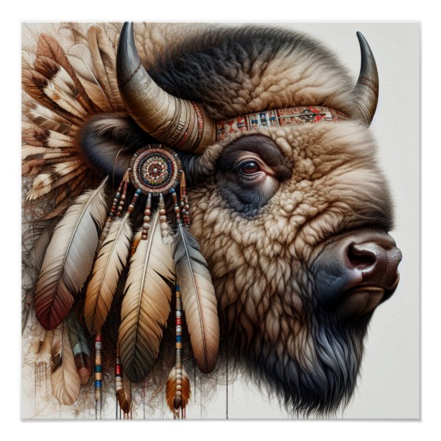 Poster Buffalo Bison American Indian Art (Devant)
