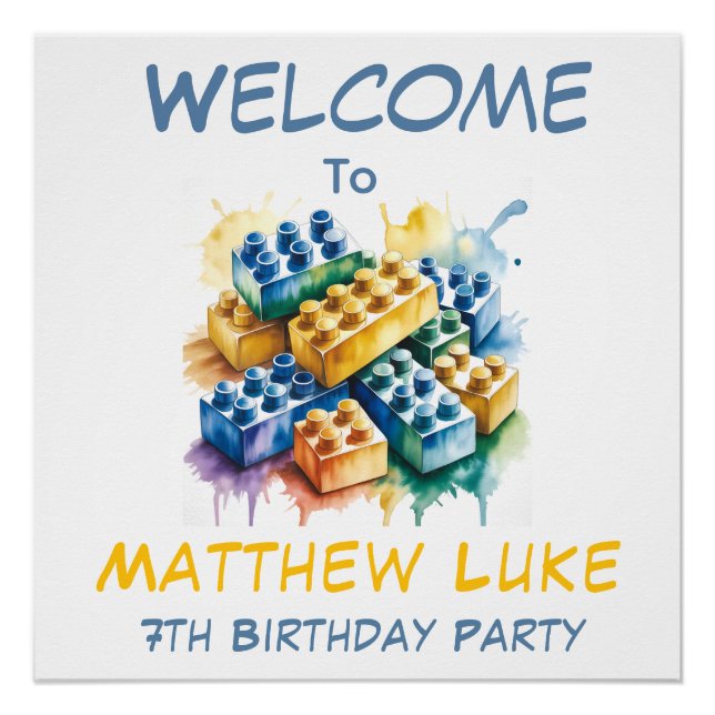 Poster Building Block Splash Boy Birthday Party Welcome  (Devant)