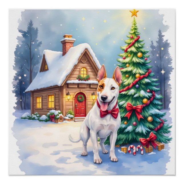 Poster Bull Terrier Cozy Cottage Christmas Tree Art (Devant)