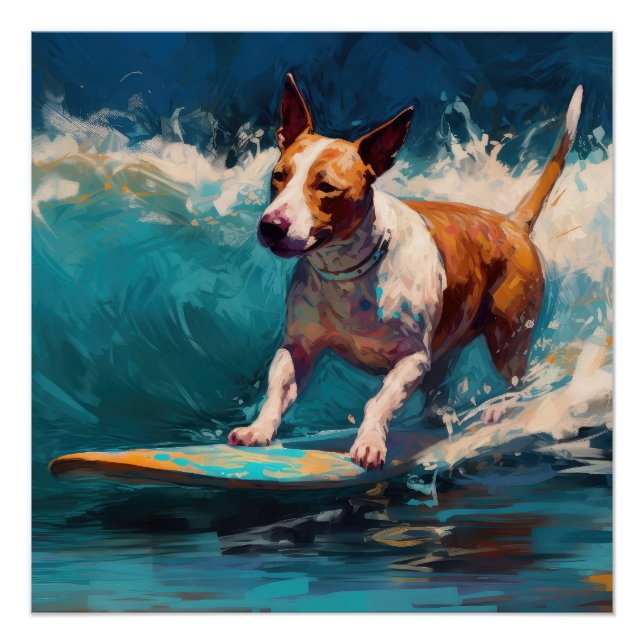Poster Bull Terrier Plage Surf Peinture (Devant)