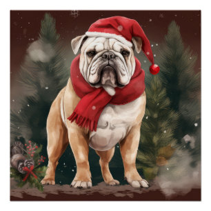 Poster Bulldog à Noël de neige