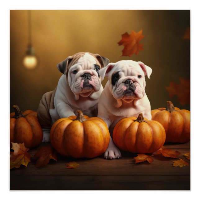 Poster Bulldog Chiot Automne Citrouille de plaisir (Devant)
