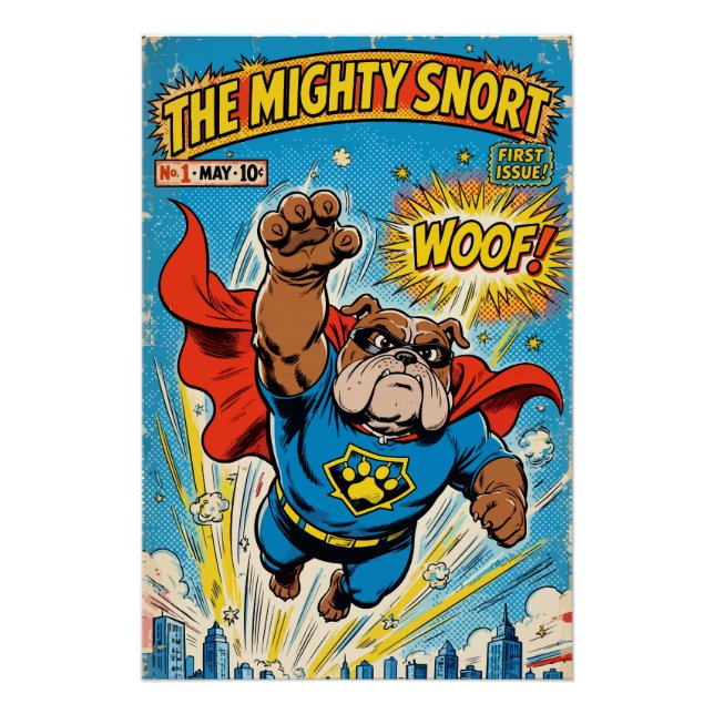Poster Bulldog Superhero Flying with Cape (Devant)