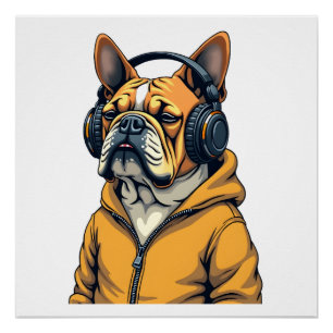 Poster Bulldog Vintage avec Casque Audio et Capuche Musiq