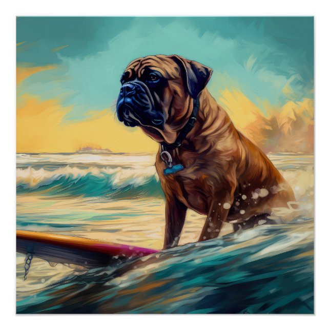 Poster Bullmastiff Beach Surfing Peinture (Devant)
