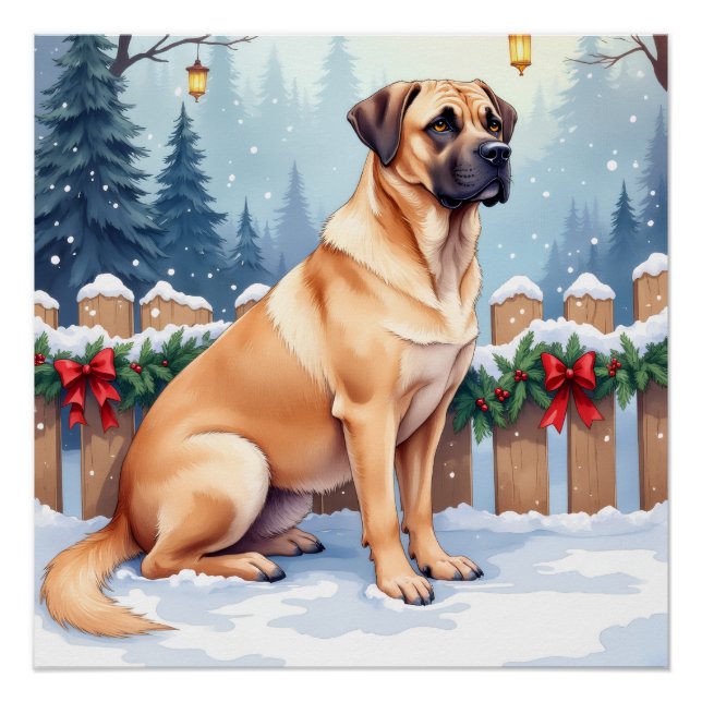 Poster Bullmastiff Winter Forest Holly Christmas Art (Devant)