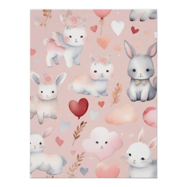 Poster Bunny Cupid Nursery Art – Watercolor Blush Pink (Devant)