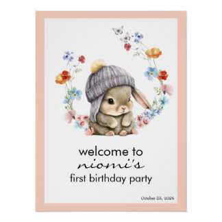 Poster Bunny Floral First Birthday Welcome Sign