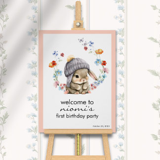 Poster Bunny Floral First Birthday Welcome Sign