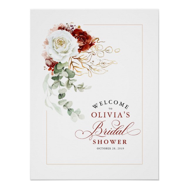 Poster Burgundy Red and White Chic Bridal Shower Welcome (Devant)