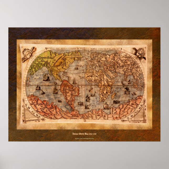 Poster c1490 Carte du monde antique Art w frontière biolo (Devant)