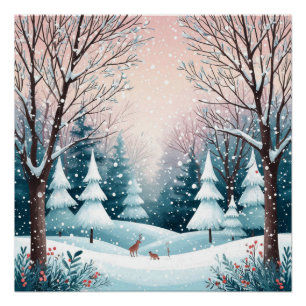Poster Cabane de Noël enneigée avec arbre lumineux