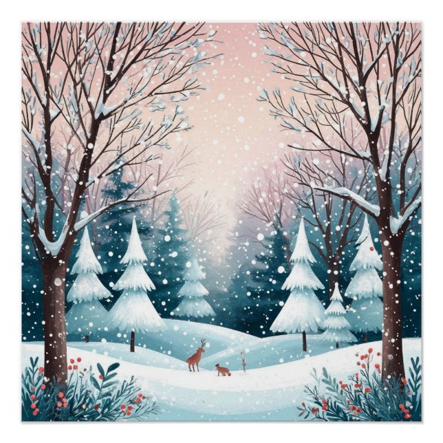 Poster Cabane de Noël enneigée avec arbre lumineux (Devant)