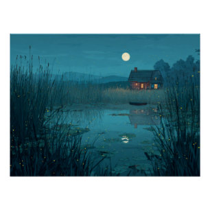 Poster Cabine de sérénité au lac au clair de lune Art