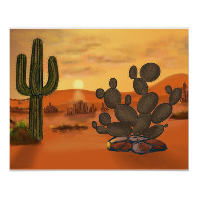 Poster Cactus dans le desert, couleurs automne chaudes. (Devant)