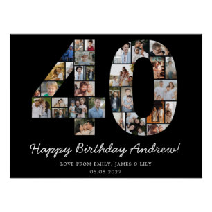 Poster Cadeau de collage photo de 40e anniversaire noir
