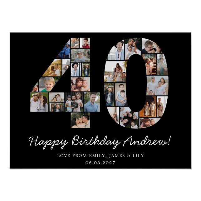 Poster Cadeau de collage photo de 40e anniversaire noir (Devant)